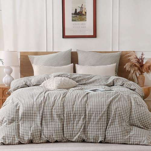 TOCOMOA Bettwäsche 135x200 Kariert 4teilig, 100% Gewaschene Baumwolle Bettwäsche-Sets Beige, Leinenoptik und Atmungsaktiv Bettwaren mit Reißverschluss, 2 Bettbezug und 2 Kissenbezug 80x80 cm