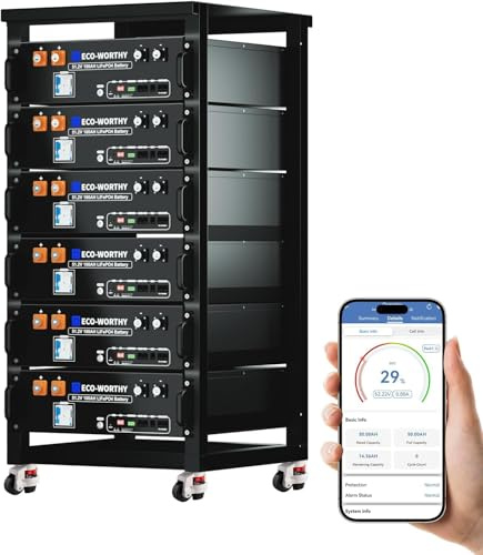 ECO-WORTHY 6 Pacchi LiFePO4 48V 100Ah IEC 62619 Bluetooth con 100A BMS, 30,72kWh 3U Alloggiamento Server Rack Batteria al litio con Supporto CAN&RS485 per Impianto Solare Set Completo | Batteria 3U per server rack con supporto CAN&RS485 per impianto solare, set completo, impianto fotovoltaico, IEC 62619