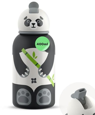 waterdrop® Trinkflasche Kinder 400ml - Edelstahl-Isolierflasche mit Strohhalm, auslaufsicher, BPA-frei, wiederverwendbare Wasserflasche mit Tiermotiven für Schule, Sport, Freizeit & Kleinkinder
