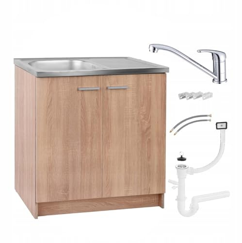 Stamar Küchenschrank 80 cm Sonoma Eiche Spüle Armatur Chrom Set Standschrank 46cm Tiefe Siphon Montagefertig Personalisierbar