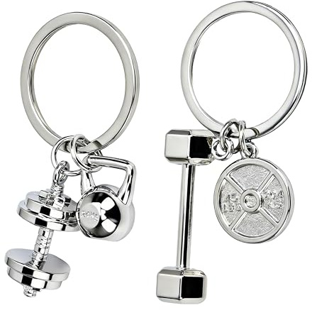 JAXICREY 2 Stück Schlüsselanhänger Fitness Set, Hantel Schlüsselanhänger Kettlebell Anhänger Silber Sport Männer Frauen Metall Gym Geschenk für Bodybuilder Trainer