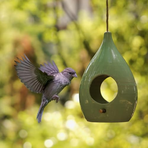 Keramik Vogelfutterhaus zum Aufhängen | Handgefertigtes Vogelhaus | Futterspender für Wildvögel | Gartendeko | Winterfest | Modell Grün