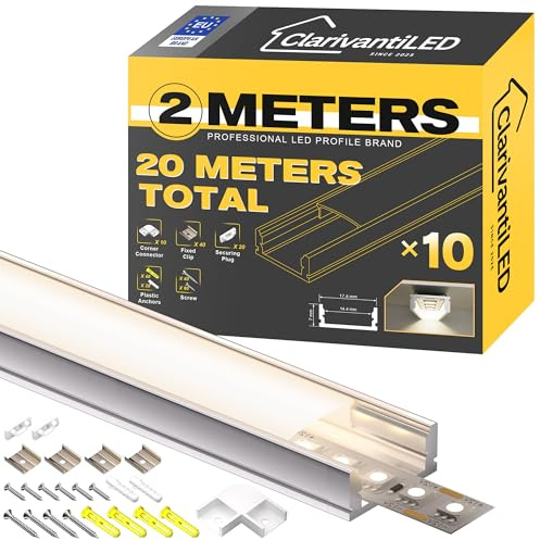 ClarivantiLED LED Profil U-Form 2m x 10 Stück(20m), Schiene aus eloxiertem Aluminium, kanal für Streifen bis 12mm, diffusor für gleichmäßige Lichtverteilung (SP26)