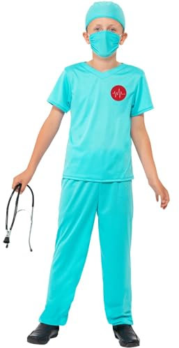 Smiffys Chirurg Kostüm, Blau, Oberteil, Hose, Mütze, Maske und Stethoskop