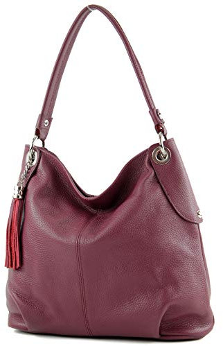 modamoda de T185 Damen Leder Schultertasche Handtasche handmade in Italy, Farbe:Bordeauxviolett