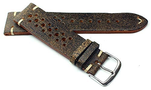 22mm Fluco Racing Rallye Vintage Rindsleder Uhrenarmband handgemacht in Deutschland Robust braun weiße Naht