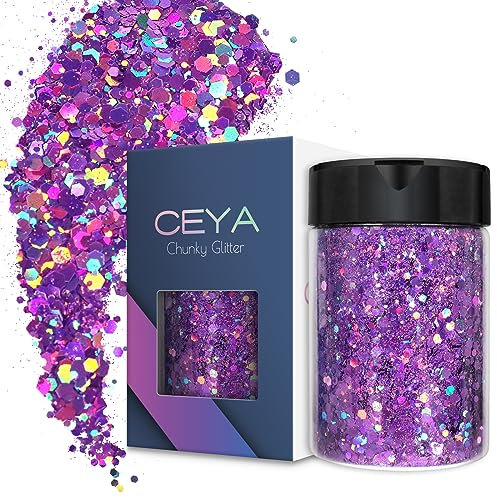 Ceya Holographischer grober Glitzer, 120 g, hellviolett, Bastelpulver, gemischte dicke und feine Flocken, schillernde NagelPailletten für Nägel, Haare, Epoxidharz, Becher, Schleim, Malerei,