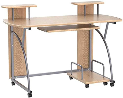 BAKAJI Scrivania con Doppio Ripiano per Scanner Stampante e Portatastiera Estraibile Tavolo da Lavoro Porta Pc Computer in Metallo e Legno MDF Arredamento Casa Ufficio Cameretta (Beige)