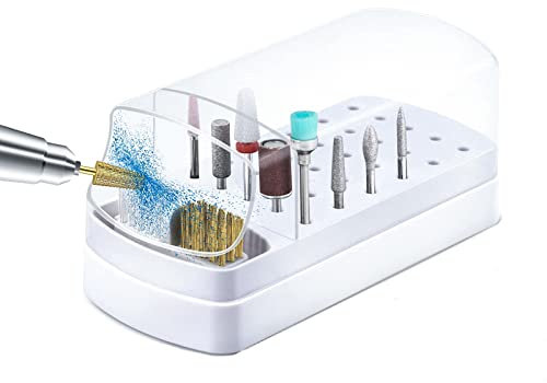 AREMOD 2 in 1 Nail Drill Bits Holder, Electric Nail Drill Bits Cleaning Brush with Steel Wire & Nylon Brushes 30 Holes Nail Drill Stand Display Organizer Dustproof Case for Nail Manicure Tools(White)