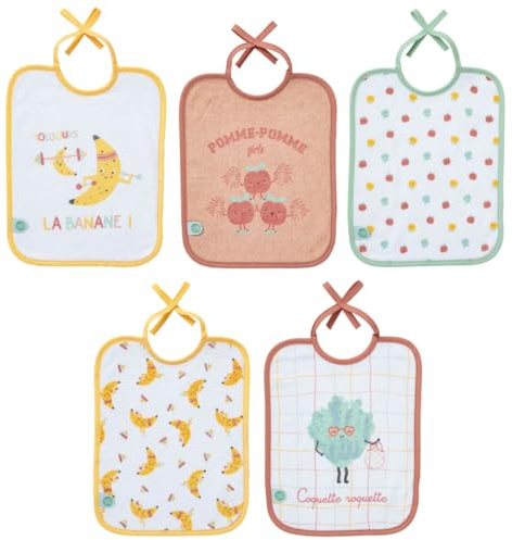 Babycalin Babybib, 5 Stück, 20 x 25 cm, Weiß, Cartoon, Schutzlatz, Bindegürtel, Schnürverschluss, Latexfrei, BPA-frei, Phthalatfrei, Unisex Babys, Baby/Infant