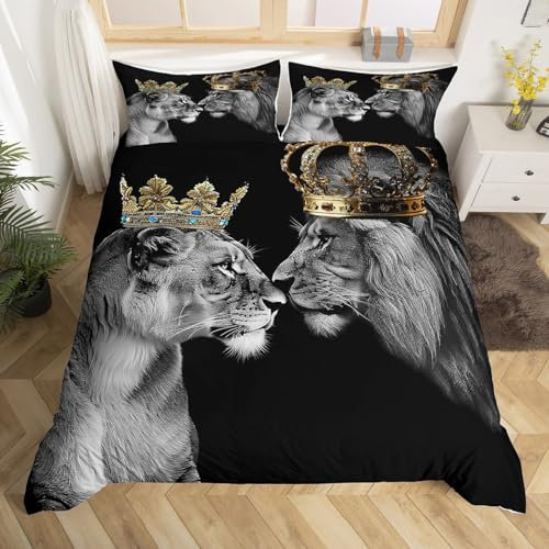 Wild Lion Paar Liebhaber Bettbezug Set M Größe,Gold Queen King Crown Bettwäsche Set,3D Afrika Tiere Tröster Abdeckung Kinder Teens Jungen Zimmer Dekor,Valentinstag Romantische Quilt Cover,Schwarz