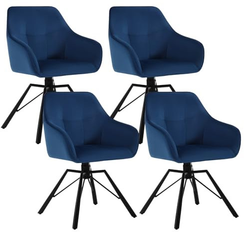 WOLTU Esszimmerstühle drehbar 4er-Set, Küchenstuhl, Polsterstuhl, Drehstuhl, bequemer Stuhl mit Armlehnen Rückenlehne, Armlehnenstuhl für Esszimmer Wohnzimmer, mit Samtbezug, Blau, BH365bl-4
