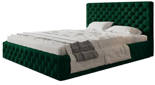 AlpiMeble Polsterbett MIAMI SLIM mit Kopfteil, 160 x 200 cm, Doppelbett mit Bettkasten und Lattenrost aus Holz, Farbe: Grün, Velourestoff