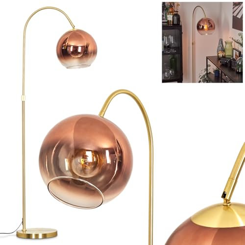 Stehleuchte Koyoto, Stehlampe aus Metall/Glas in Messing-Kupferfarben/Klar, Leuchte im Retro/Vintage/Industrial-Design mit Schirm aus Glas (Ø 25cm), Höhe 140 cm, Fußschalter, 1x E27, ohne Leuchtmittel