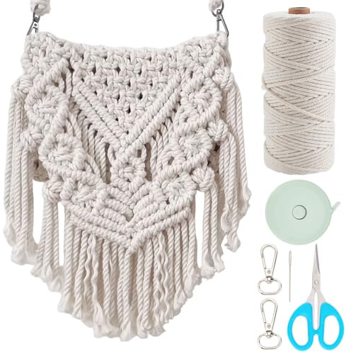INFUNLY DIY Makramee Boho Tasche Kit für Erwachsene Anfänger DIY Makramee Schultertasche Kit Makramee Tasche Kit Quasten Handgemachte Makramee Taschen Herstellung Kit mit Anleitung für Frauen Urlaub