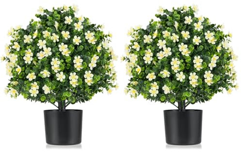 COSTWAY Set of 1/2 Artificial Boxwood Topiary Ball Tree, Faux Shrub Bushes with Flowers and Plastic Nursery Pot, Fake Decorative Greenery Plants for Indoor Outdoor (2, White Gardenia)