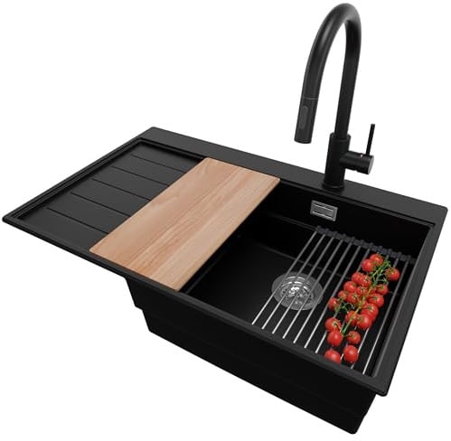 PRIMAGRAN Granitspüle ab 50er Unterschrank + Küchenarmatur, 78x50cm | Set: Küchenarmatur BW9010 + Ablauf-Set (Siphon, Ablaufgarnitur, Überlauf) + Spülbecken 1 Becken - Sydney Ergo, Schwarz