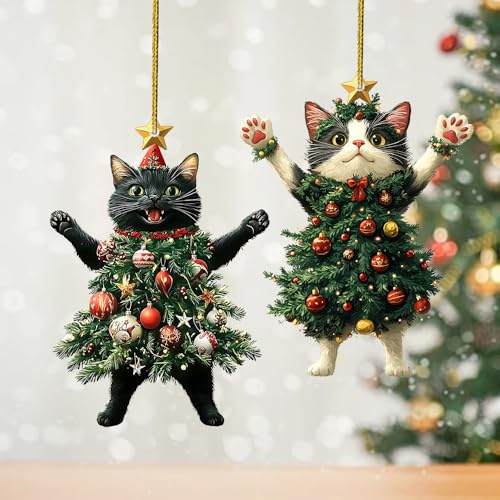 LYPER Black Cat Christmas Ornament, Xmas Tree Decorations Acrylic Hanging Ornaments, Cute Black White Cats Hanging Ornaments, Wearing Christmas Trees Dress Cat Ornament (Mix*6pcs)