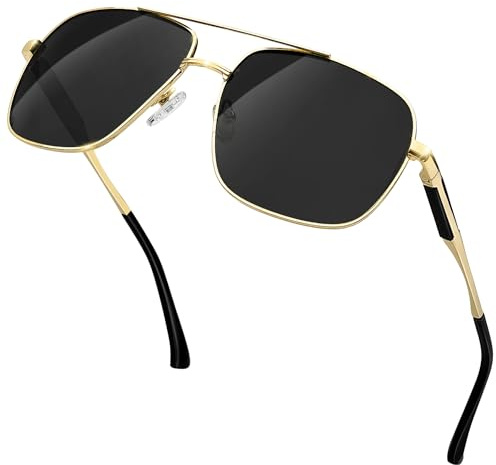 KANASTAL Gafas de Sol Hombre Polarizadas Doradas Negras Metal Cuadradas UV