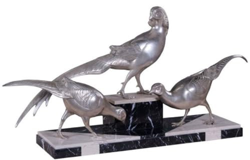 Casa Padrino Luxus Deko Bronzefiguren 3 Fasane Silber/Schwarz/Weiß 84 x 20 x H. 42 cm - Versilberte Dekofiguren mit Marmorsockel