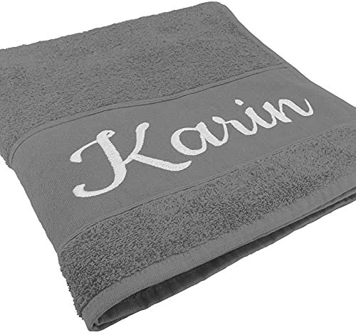 Handtuch mit Namen oder Wunschtext Bestickt, personalisiertes Duschtuch, individuelles Badetuch, 100% Baumwolle, 140 x 70 cm hellgrau
