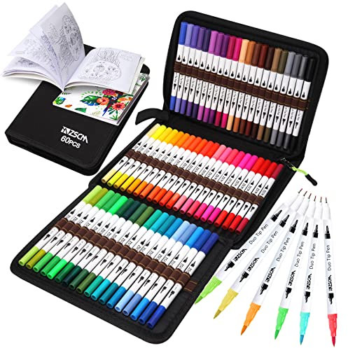 ZSCM Aquarell-Pinselstifte, 60 Farben, Doppelspitze, feine Fineliner-Federn für Erwachsene Malbücher, Bullet Journal, Kalligraphie und Zeichnungen, Illustrationen, Skizzen…