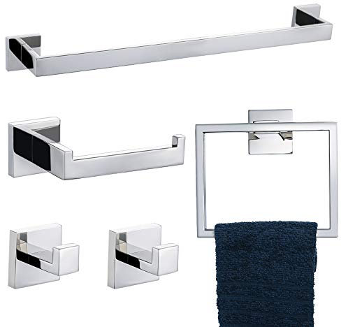 TNOMS Set di accessori per il bagno lucidato, 5 pezzi, include barra porta asciugamani, porta carta igienica, gancio per asciugamani da parete, in acciaio inossidabile.
