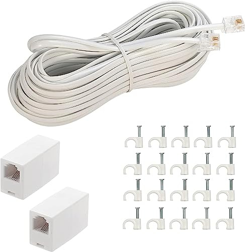 LanSenSu Phone Extension Cord 50 Ft, Phone Cord Telephone Cable with Standard RJ11Plug and 2 in-Line Couplers and 20Cable Clip Holders, White (White, 50 Feet)