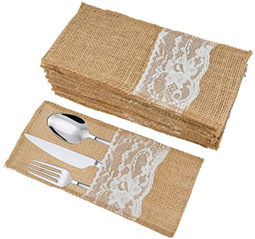 TIMESETL 40Stück Bestecktasche Jute Besteckbeutel, Besteckhalter aus Sackleinen, Vintage Bestecktaschen mit Spitze Hochzeitsdeko Tischdeko für Hochzeit Party Restaurant