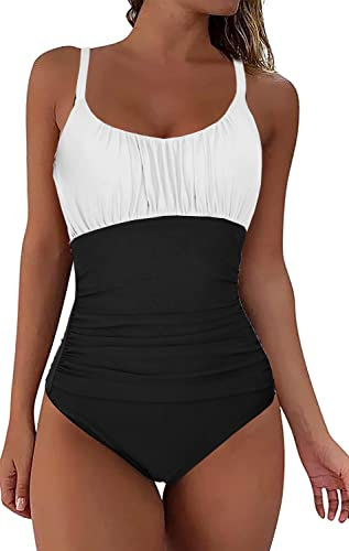 NLAND Donna Costume Intero Costume da Bagno da Spiaggia Donna Retro Bikini Push Up con Volant Monokini Donna(Nero+Bianco,S)