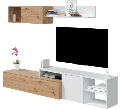 Habitdesign Conjunto de Salon Reversible, Mueble de Salon, Modulos de Comedor, Modelo Julia, Acabado en Roble Nodi y Blanco Artik, Medidas: 221 cm (Ancho) x 44 cm (Alto) 40cm (Fondo), Grande, 016647W