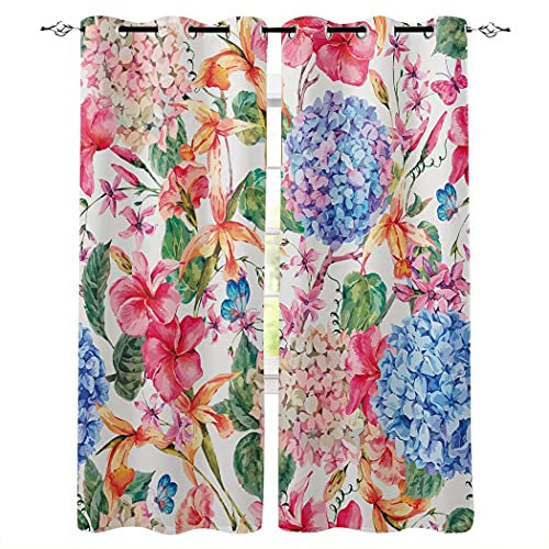 3D Blackout Curtains - Spring Flowers Butterfly Hydrangea -Window Treatments Living Room Bedrooms Bathroom Super Soft Polyester Thermal Insulated Noise Reducting Curtains 170X200Cm (WxH) Home Office
