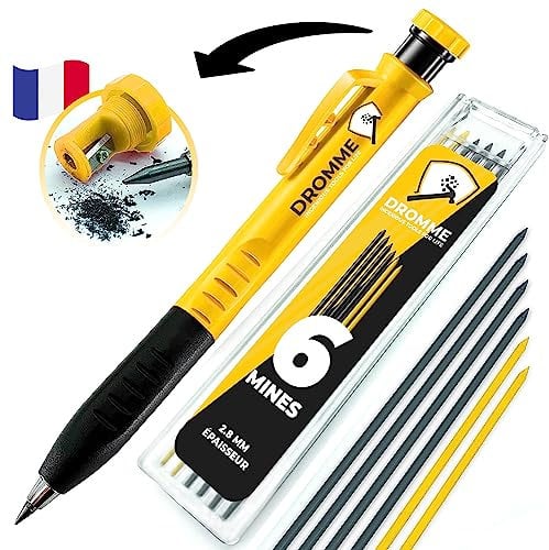 Dromme Crayon Chantier Menuisier Charpentier Professionnel [+ 7 Mines Multisupport + Taille-Mine + Grip ergonomique] Porte Mine Extensible - Outillage Parfait pour le Bricolage