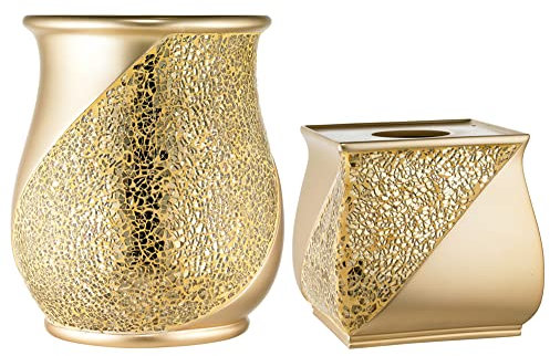 Zahari Home Sinatra Modernes Badzubehör-Set, Abfallkorb und Taschentuchbox, Champagner-Gold, moderne dekorative schöne Designs, Badezimmer-Dekor-Set für Zuhause, luxuriöses Bad-Set, Mosaikglas