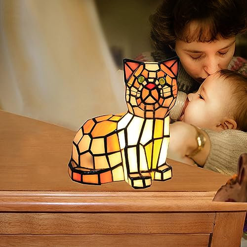AIBOTY Niedliche Katzenlampe, Lovely Kitten Tiffany Style Buntglas Akzent Tischlampe Nachtlicht für Heimdekoration, 21X18cm, E12/14, Geburtstagsgeschenke, Mini Kleine Katze Nachtlampe für Kinder