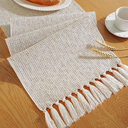LOMOHOO Burlap Linen Style Rustic Farmhouse Table Runner - 72 Inches Long, Boho Woven Dining Table Runner, 13x72 Inches, Oatmeal Beige and Brown