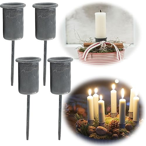 LS-LebenStil 4-Fach Adventskerzenhalter Shabby Grau 8cm Metall Kerzenstecker Stabkerzen-Halter Spieß Kerzenpicker Picker für Stabkerzen als Kerzenständer Kerzenleuchter Kerzenhalter Adventskranz
