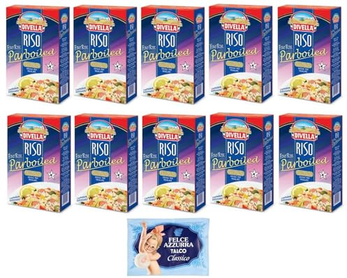 10er-Pack Divella Reis Riso Parboiled,Superfeine Reiskörner,Ideal für Salate,1kg Vakuumverpackung + 1er-Pack Kostenlos Felce Azzurra Talkumpuder, 100g-Beutel