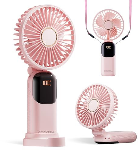GOCKERA Portable Fan, 4200mAh Battery Operated Fan, 5 Speeds&Digital Display, Makeup Fans for Women with Base, 180°Foldable 3in1 Handheld/Neck/Desk Fan for Outdoor Indoor,Ultra Quiet (Pink)