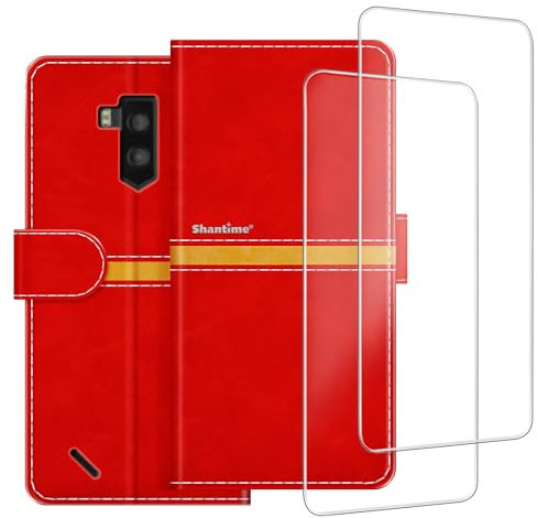 ESACMOT Phone Case Compatible with Hammer Iron 3 + [2 Pack] Screen Protector Glass Film, Premium Leather Magnetic Protective Case Cover for MyPhone Hammer Iron 3 (5.5 inches) Red