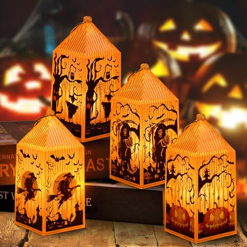 4 Pezzi Lanterne Halloween, Luci Con Motivi di Zucche, Streghe, Scheletri e Spaventapasseri, Addobbi Giardino Decorative, Decorazioni Casa Esterno