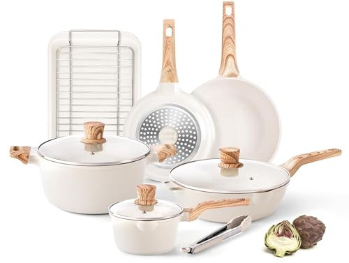 RIOVARM Induktion Töpfe und Pfannen Set, Antihaft beschichtung Granit Kochgeschirr-Set mit Deckeln, PFOA-frei Kochgeschirr-Set mit Holzmaserungs-Griff, Bratpfanne, Casserole, Backform