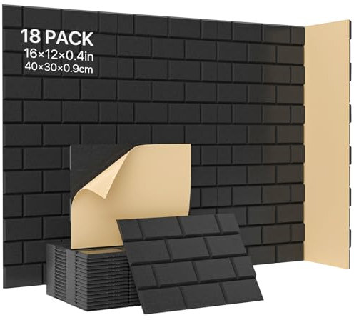 Kuchoow Akustikplatten Selbstklebend Schallabsorber Wand, 10 Stück Ziegel Paneele Schall Dämmung Wandpaneele für Büro, Studio, Akustische Behandlung Wanddekoration 30x30x0,9cm Schwarz