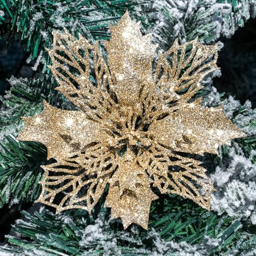 Tuocal 10 Stück Glitzer-Weihnachtsstern, 16 cm große künstliche Weihnachtssterne, Weihnachtsbaumschmuck für Weihnachtsbaum, Hochzeit, Neujahr, Weihnachtsgirlande, Kranz, Heim-Party-Dekoration,