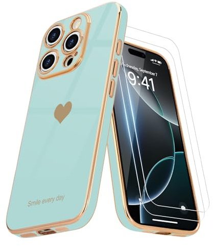 Teageo für iPhone 16 Pro Max Hülle+2 Schutzfolie Herzmuster, JuwelGrün | Mädchen Stilvoll Galvanisierte Schutzhülle Weich TPU Phone Case