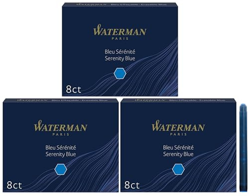 Waterman Fountain Pen Refills | Long Ink Cartridges | Serenity Blue | Pack of 24