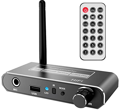 Giuneuow Convertidor InaláMbrico HiFi Bluetooth 5.2 Receptor Audio Coaxial una R/L 3.5Mm Adaptador Auxiliar con U Disk Play Mic