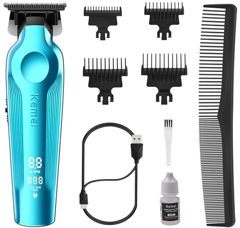 KEMEI Haarschneider, Elektrischer Haarschneider für Herren, Kabellos, Wiederaufladbar, Zero Gappe-Trimmer für Herren mit T-Klinge, Friseurschere mit LED-Anzeige, Blau