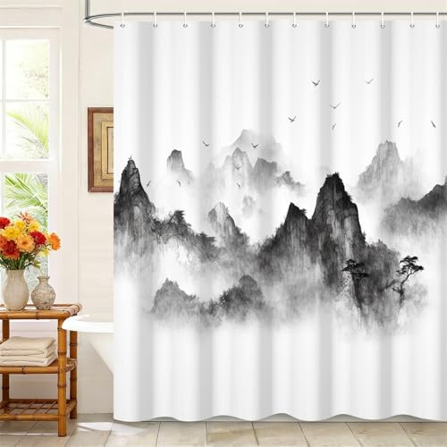 Kzzfqxb 105x160cm Rideaux de Douche Brumeux avec Crochets, Brume Blanche Montagnes Oiseaux Arbres Paysage Peinture à l'encre imperméable pour Le Bain, Tissu Polyester pour Baignoire de Salle