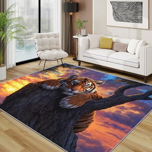 Generisch Tiger Teppich, Wilde Tiere Natürlich Landschaft Teppiche rutschfest Waschbar Weich, Sonnenuntergang Tierwelt Wohnzimmerteppich Schlafzimmer Jugendzimmer, 120x180 cm, Orange Braun